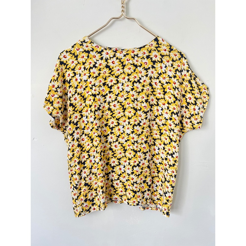 Vintage Gianni Petite Yellow Floral Rayon Blouse Cottagecore Summer Top Size 8